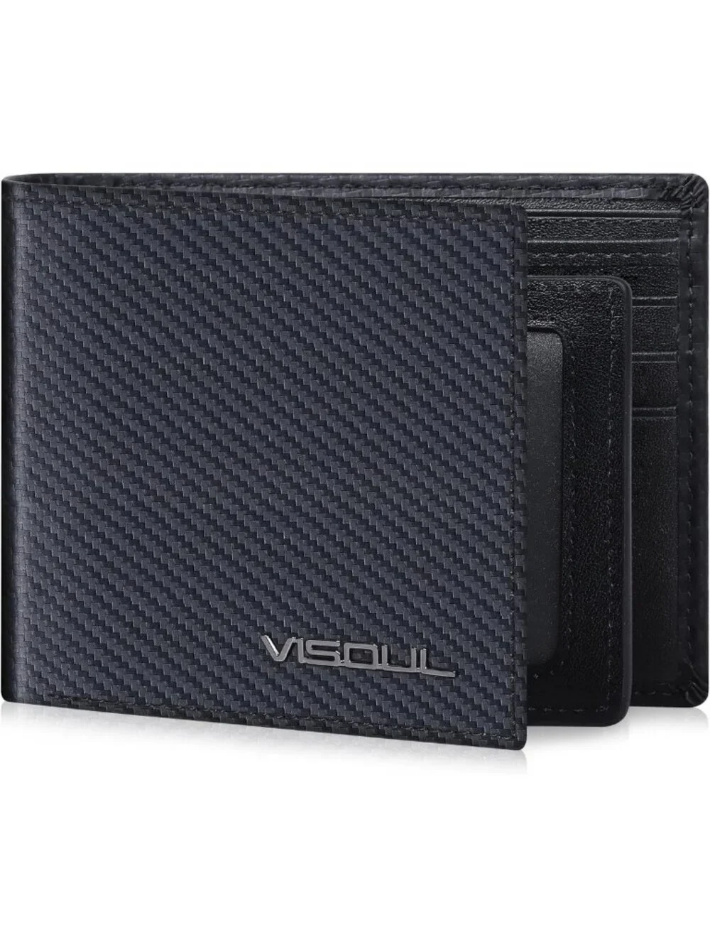 Men's RFID Blocking Carbon Fiber Leather Bifold Wallet, 2 ID Windows, 2 Cash